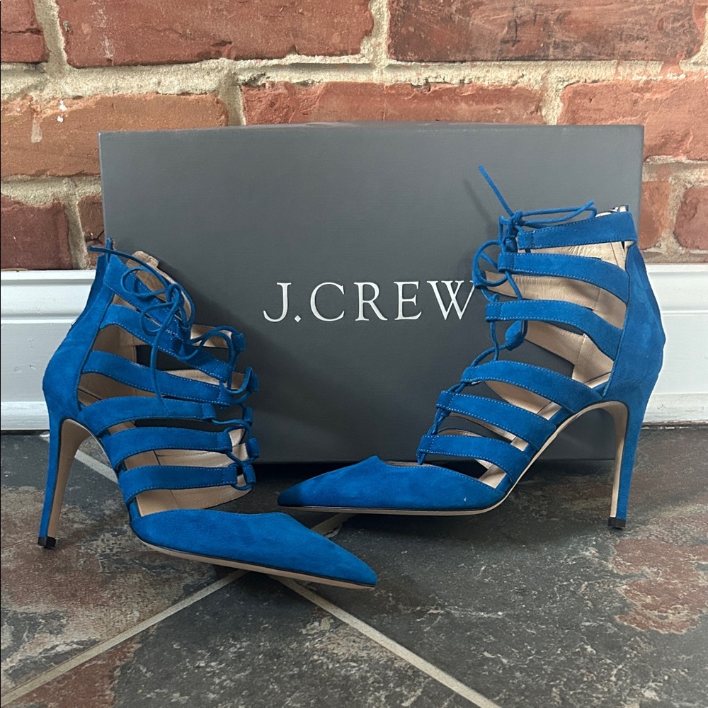 J. Crew Vibrant Blue Suede Lace Up Cage Strappy Heels